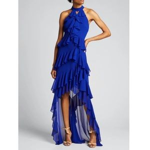 Tiered Ruffle High-Low Halter Gown